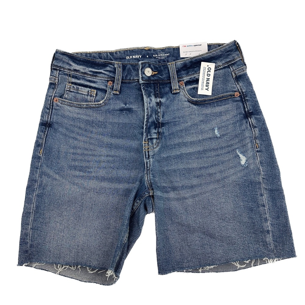 Old Navy Denim Shorts‎ Womens 6 Blue O.G. Straight High Rise Raw Hem Distressed